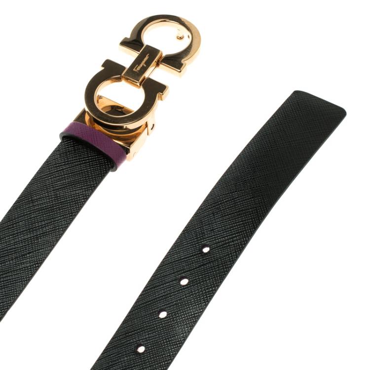 Pre Owned Salvatore Ferragamo Black/Purple Leather Reversible Gancini Buckle Belt Size 85CM