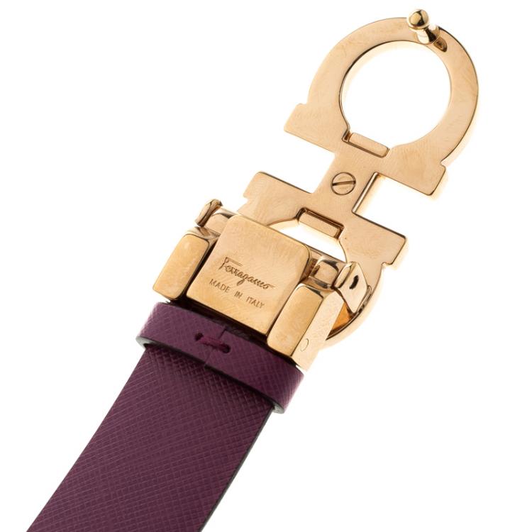 Pre Owned Salvatore Ferragamo Black/Purple Leather Reversible Gancini Buckle Belt Size 85CM