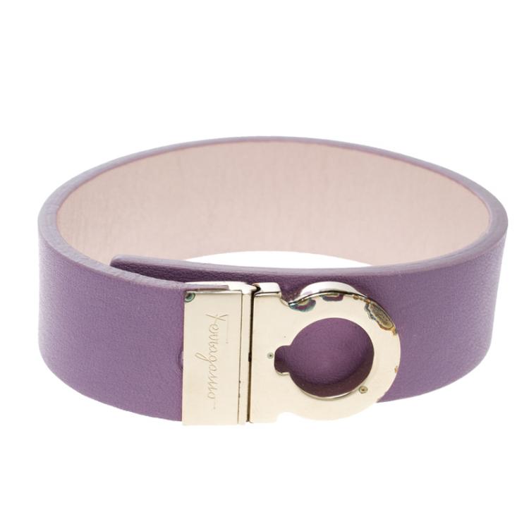 Pre Owned Salvatore Ferragamo Lilac Leather Gold Tone Wide Bracelet