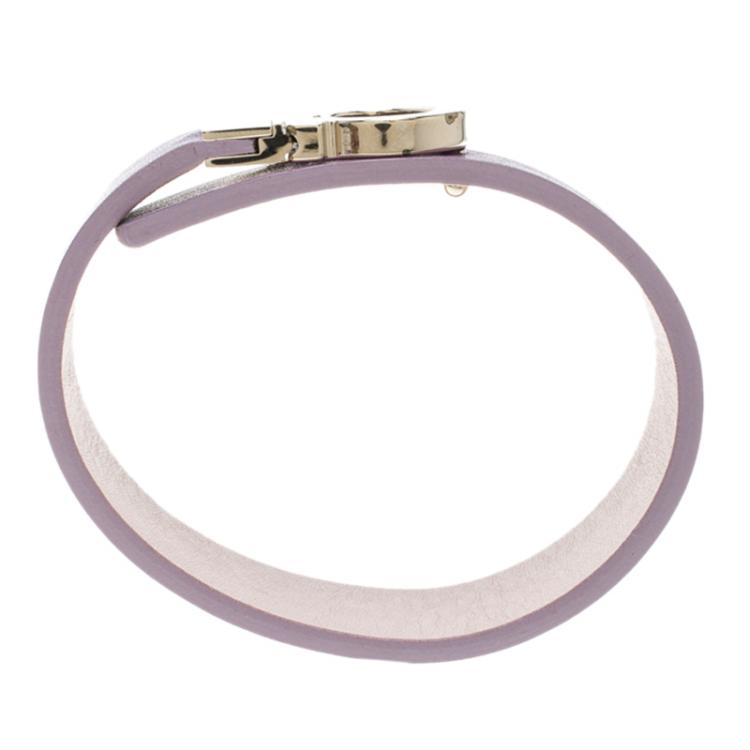 Pre Owned Salvatore Ferragamo Lilac Leather Gold Tone Wide Bracelet