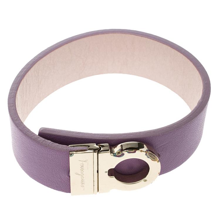 Pre Owned Salvatore Ferragamo Lilac Leather Gold Tone Wide Bracelet