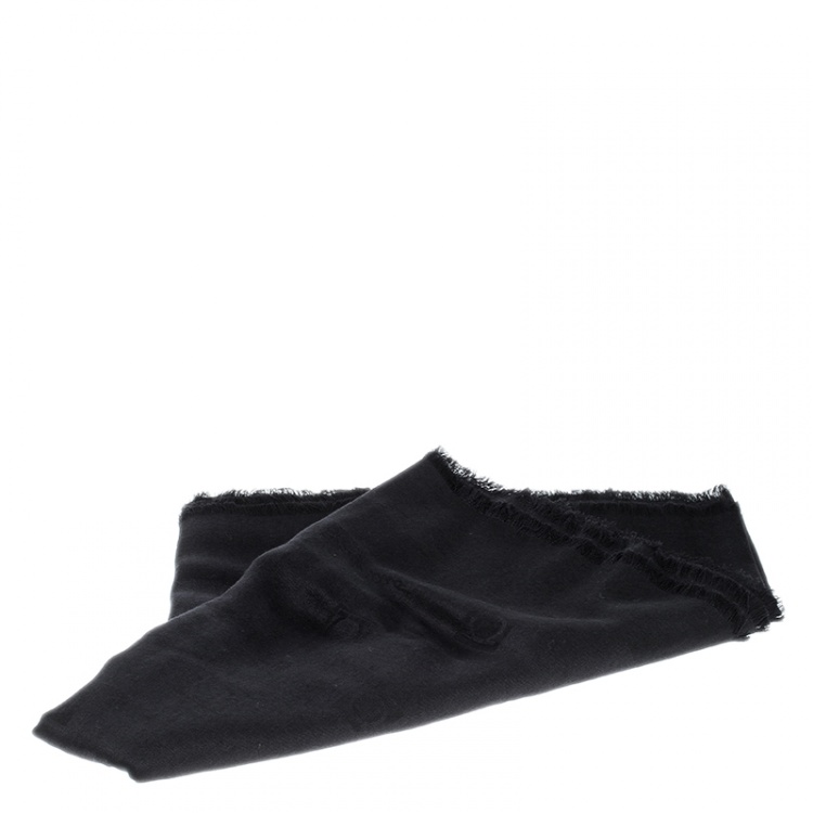 Pre Owned Salvatore Ferragamo Black Logo Pattern Jacquard Silk and Wool Shawl