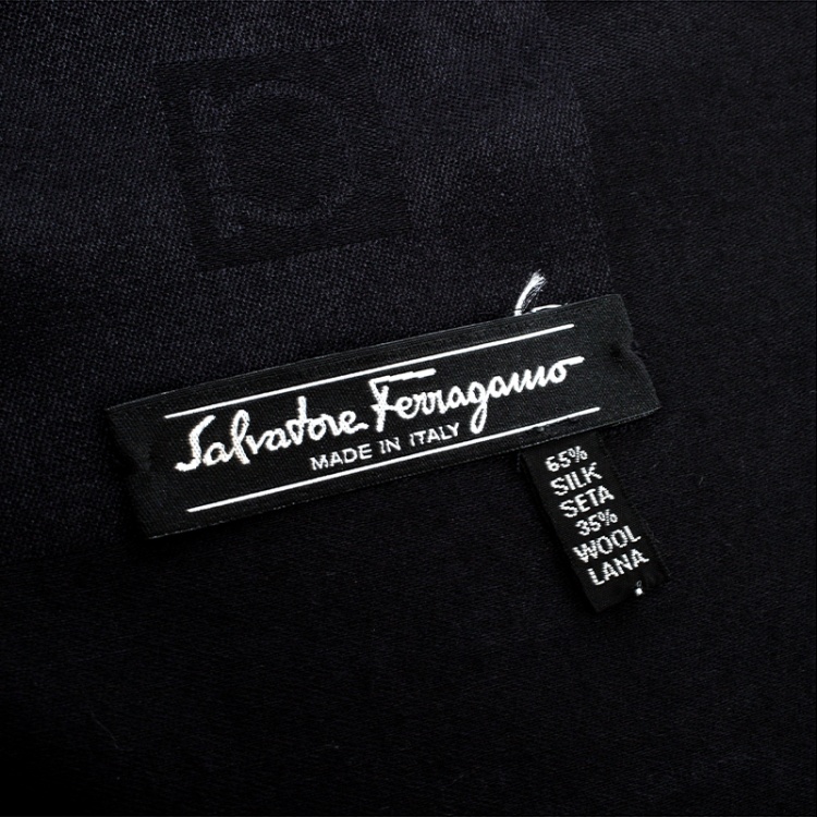 Pre Owned Salvatore Ferragamo Black Logo Pattern Jacquard Silk and Wool Shawl