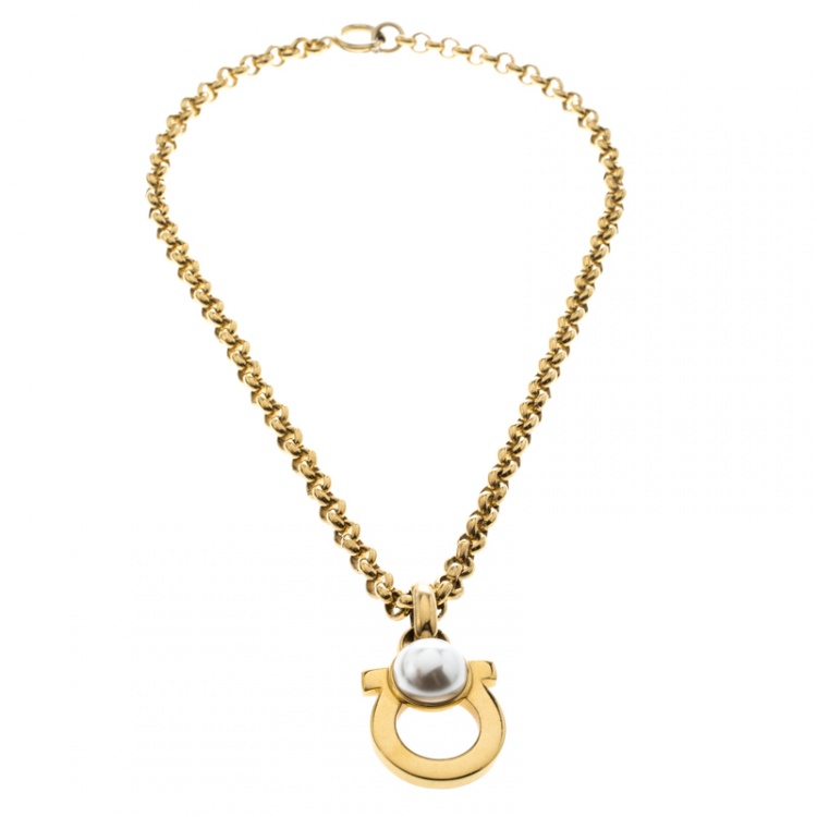 Pre Owned Salvatore Ferragamo Gancini Faux Pearl Gold Tone Pendant Necklace 