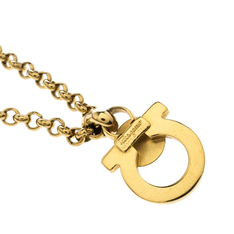 Pre Owned Salvatore Ferragamo Gancini Faux Pearl Gold Tone Pendant Necklace 