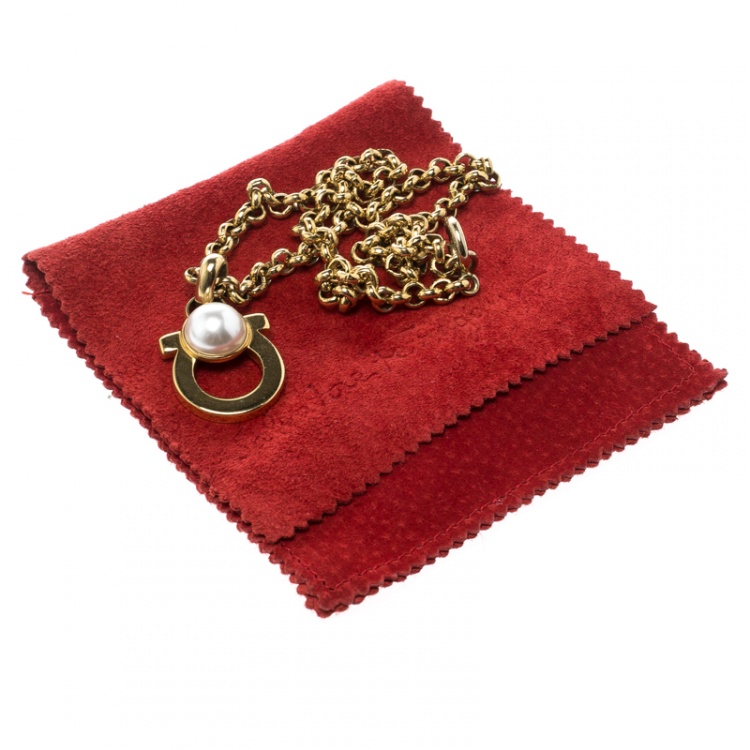Pre Owned Salvatore Ferragamo Gancini Faux Pearl Gold Tone Pendant Necklace 