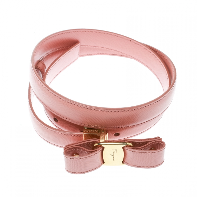 Pre Owned Salvatore Ferragamo Blush Pink Leather Vara Bow Skinny Belt Size 85 CM