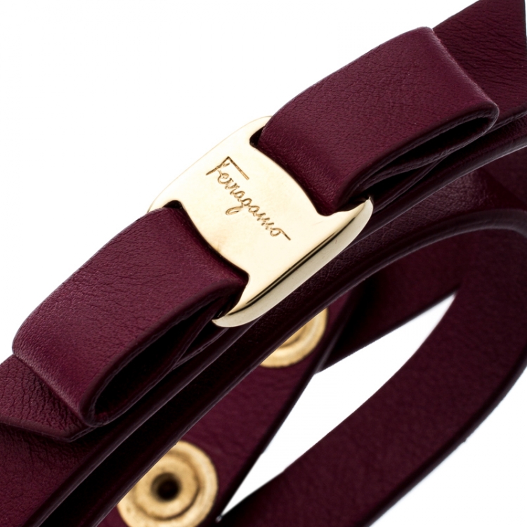 مملوكة مسبقًا Salvatore Ferragamo Aubergine Leather Vara Bow Double Wrap Bracelet