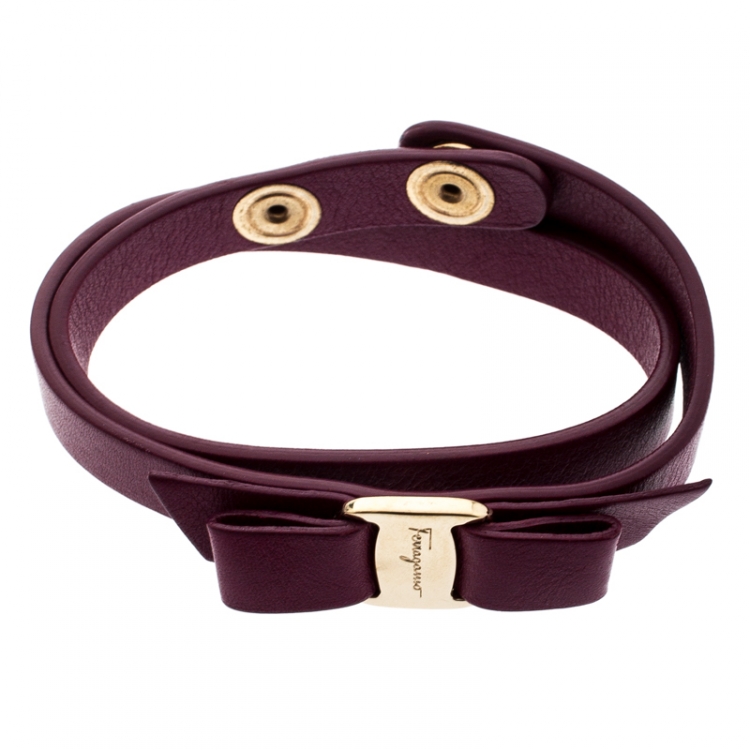 مملوكة مسبقًا Salvatore Ferragamo Aubergine Leather Vara Bow Double Wrap Bracelet