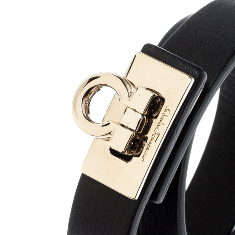 Pre Owned Salvatore Ferragamo Gancini Lock Black Leather Gold Tone Wrap Bracelet