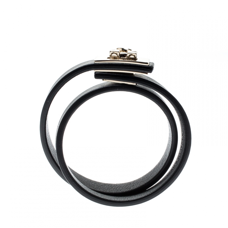 Pre Owned Salvatore Ferragamo Gancini Lock Black Leather Gold Tone Wrap Bracelet