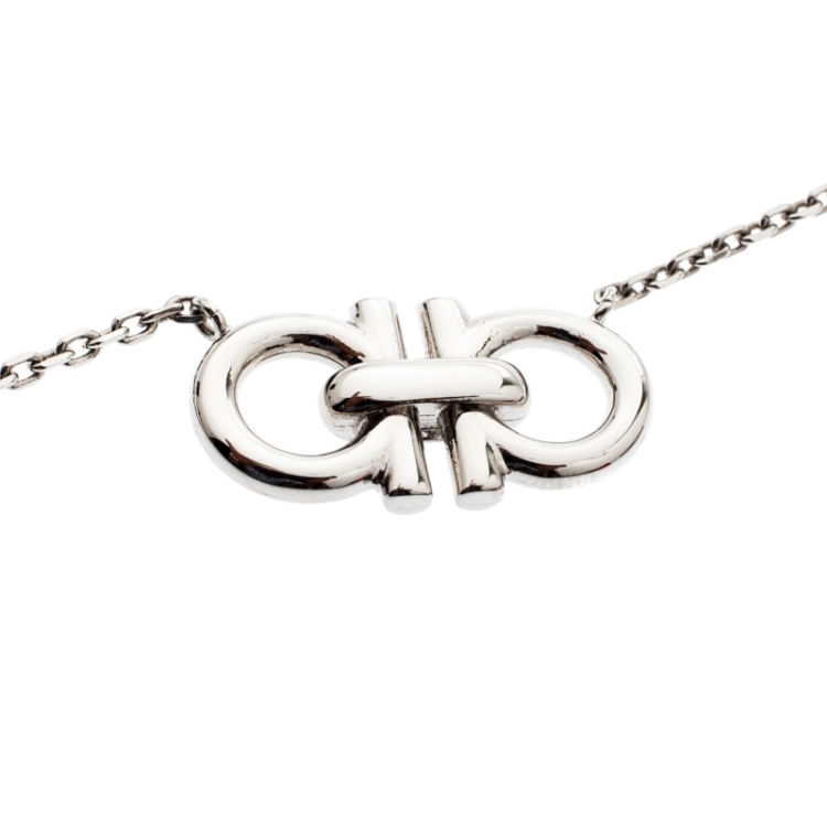 Pre Owned Salvatore Ferragamo Double Gancio Crystal Silver Tone Necklace