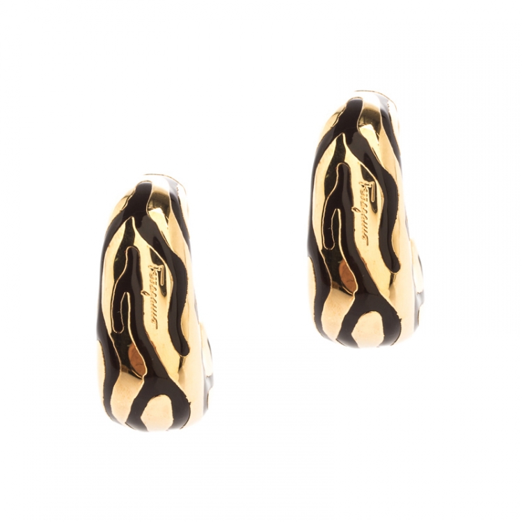 Pre Owned Salvatore Ferragamo Enamel Textured Gold Tone Hoop Earrings