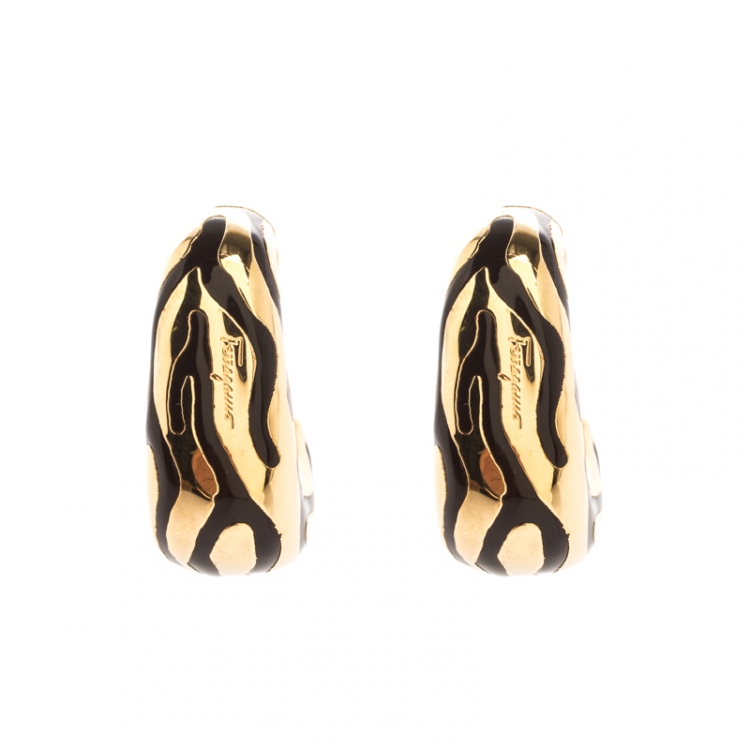 Pre Owned Salvatore Ferragamo Enamel Textured Gold Tone Hoop Earrings
