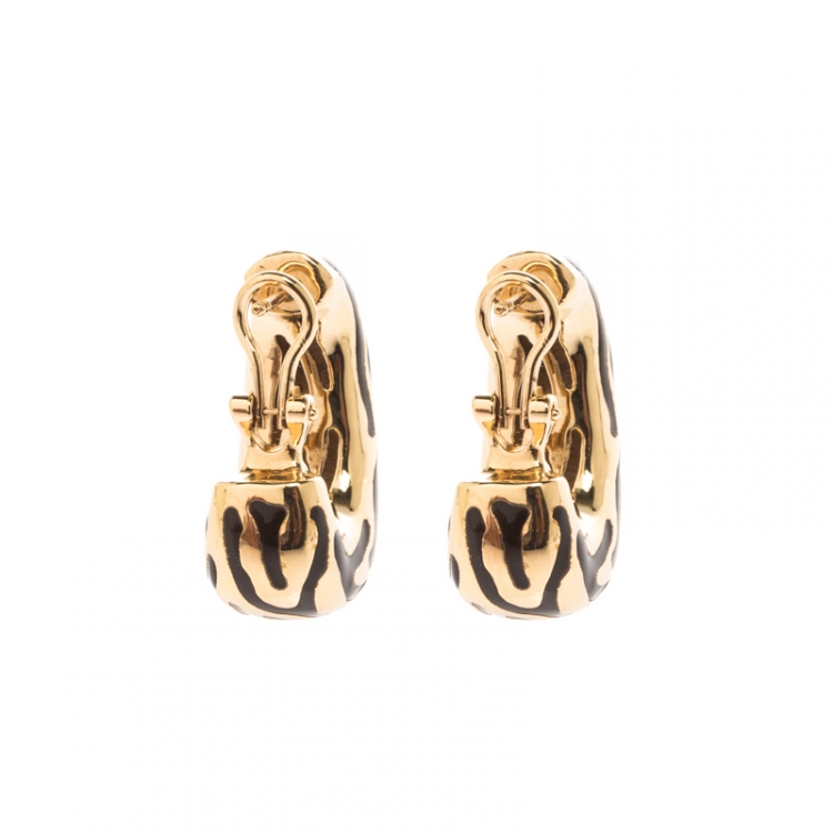 Pre Owned Salvatore Ferragamo Enamel Textured Gold Tone Hoop Earrings