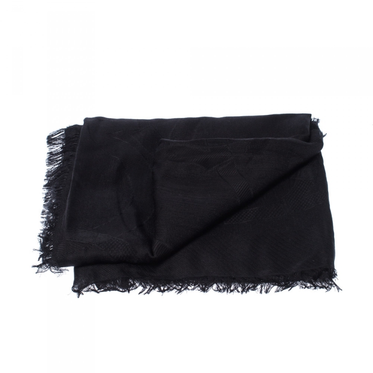 Pre Owned Salvatore Ferragamo Black Tonal Gancini Patterned Jacquard Cashmere Silk Shawl