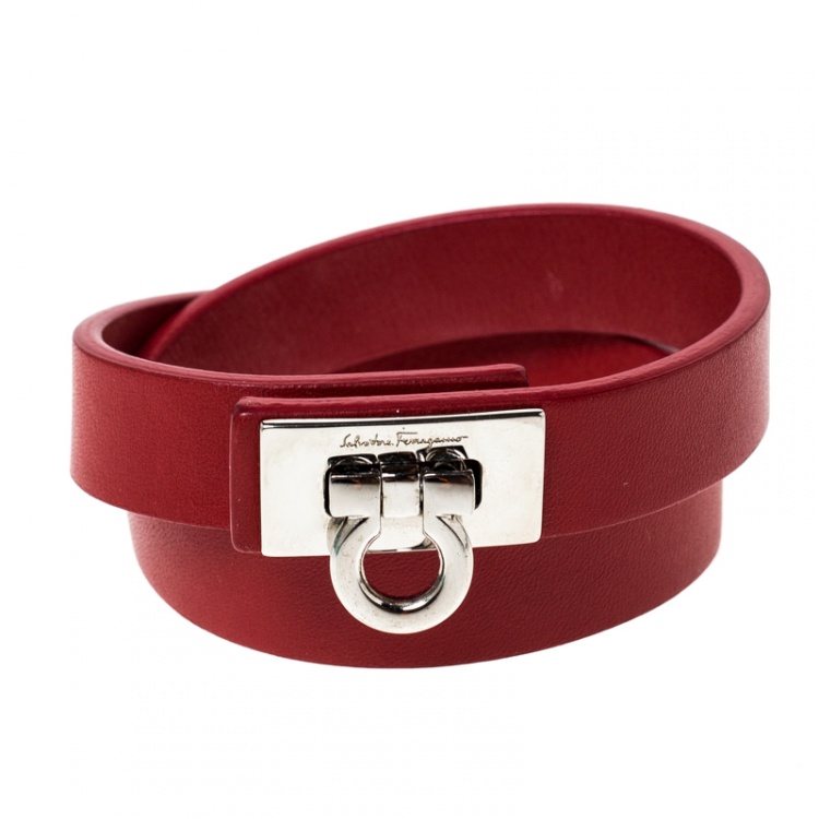 مملوكة مسبقًا Salvatore Ferragamo Gancini Red Leather Silver Tone Wrap Bracelet 