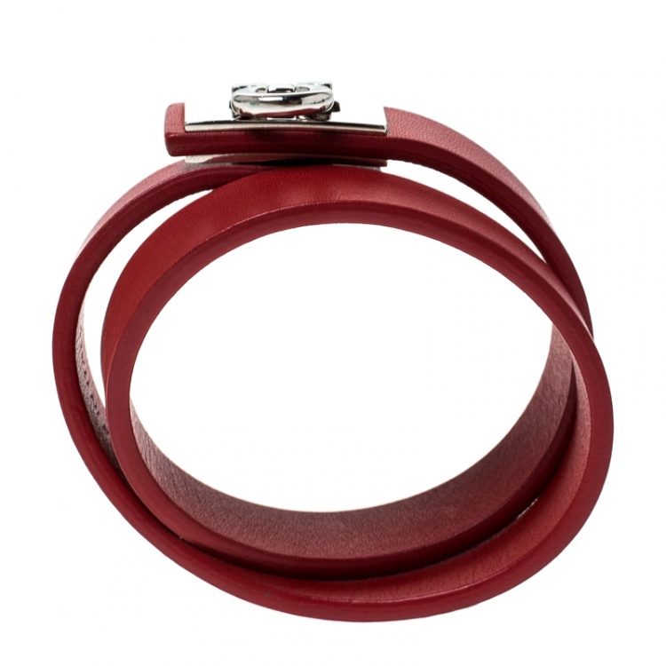 مملوكة مسبقًا Salvatore Ferragamo Gancini Red Leather Silver Tone Wrap Bracelet 