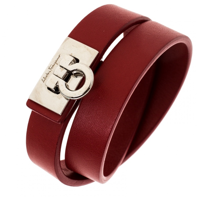 مملوكة مسبقًا Salvatore Ferragamo Gancini Red Leather Silver Tone Wrap Bracelet 