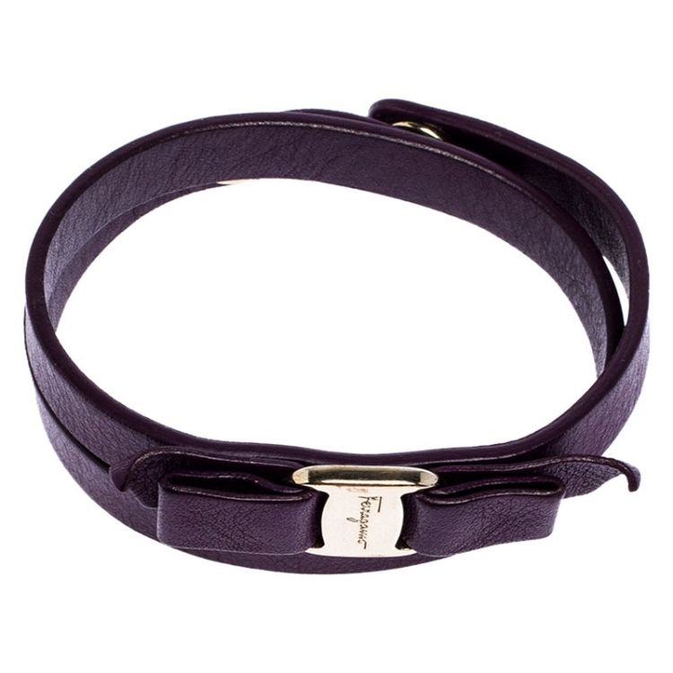 Pre Owned Salvatore Ferragamo Aubergine Leather Vara Bow Double Wrap Bracelet