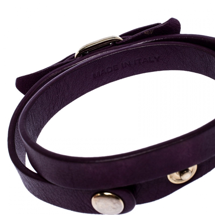 Pre Owned Salvatore Ferragamo Aubergine Leather Vara Bow Double Wrap Bracelet