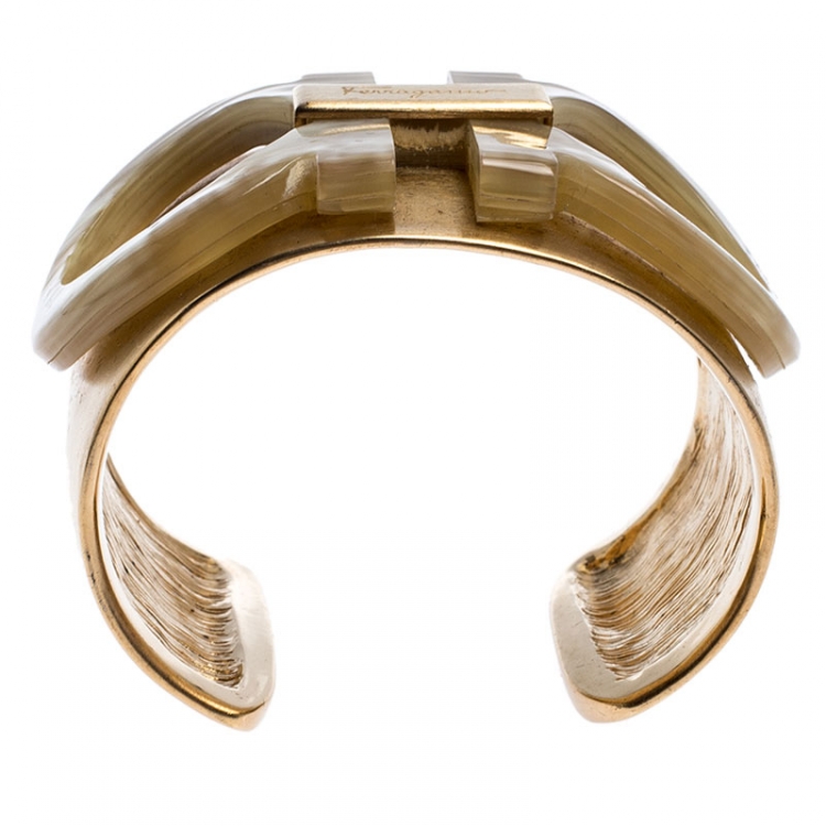 Pre Owned Salvatore Ferragamo Gold Tone Gancini Wide Cuff Bracelet