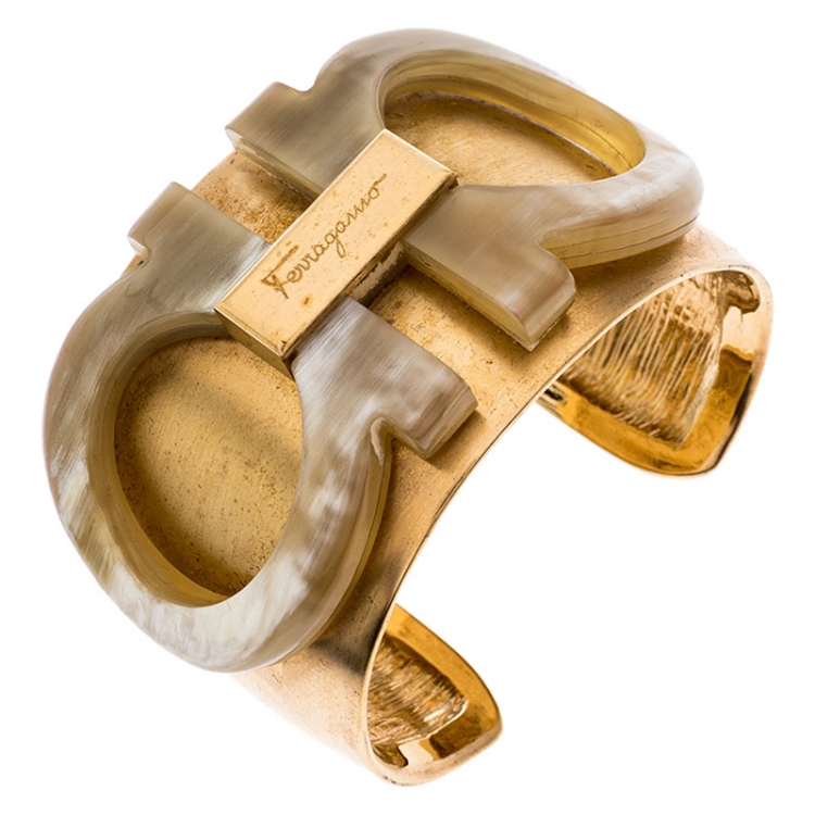 Pre Owned Salvatore Ferragamo Gold Tone Gancini Wide Cuff Bracelet