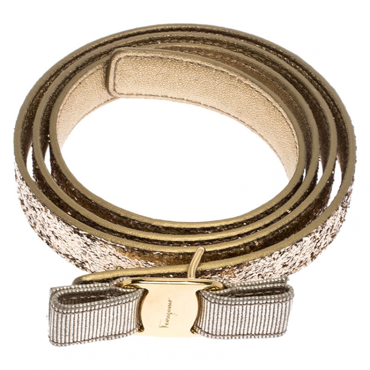 Pre Owned Salvatore Ferragamo Gold Glitter Vara Bow Belt