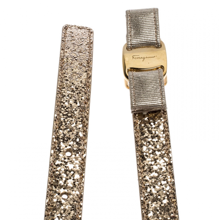 Pre Owned Salvatore Ferragamo Gold Glitter Vara Bow Belt