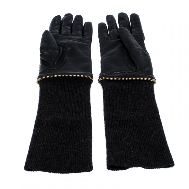 Pre Owned Salvatore Ferragamo Black/Dark Grey Leather and Fabric Cincilla Gloves