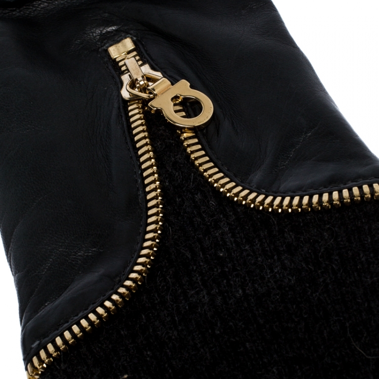 Pre Owned Salvatore Ferragamo Black/Dark Grey Leather and Fabric Cincilla Gloves