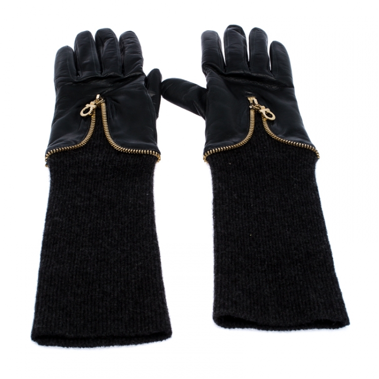 Pre Owned Salvatore Ferragamo Black/Dark Grey Leather and Fabric Cincilla Gloves