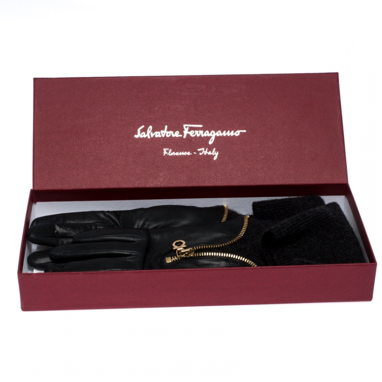 Pre Owned Salvatore Ferragamo Black/Dark Grey Leather and Fabric Cincilla Gloves