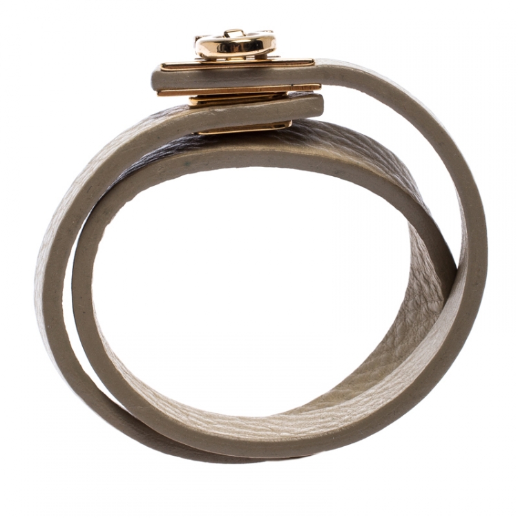 Pre Owned Salvatore Ferragamo Gancini Beige Leather Gold Tone Double Wrap Bracelet 