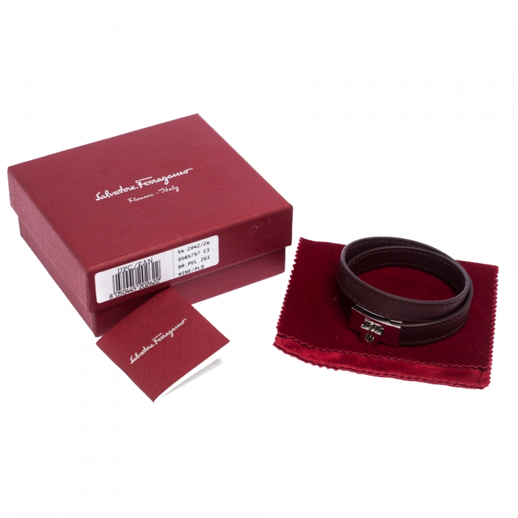 Pre Owned Salvatore Ferragamo Gancini Burgundy Leather Silver Tone Double Wrap Bracelet 
