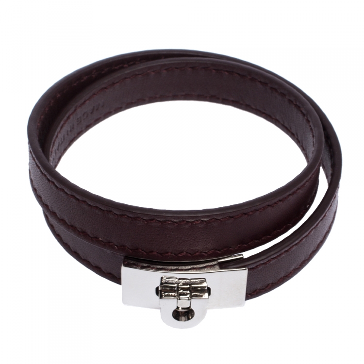 Pre Owned Salvatore Ferragamo Gancini Burgundy Leather Silver Tone Double Wrap Bracelet 