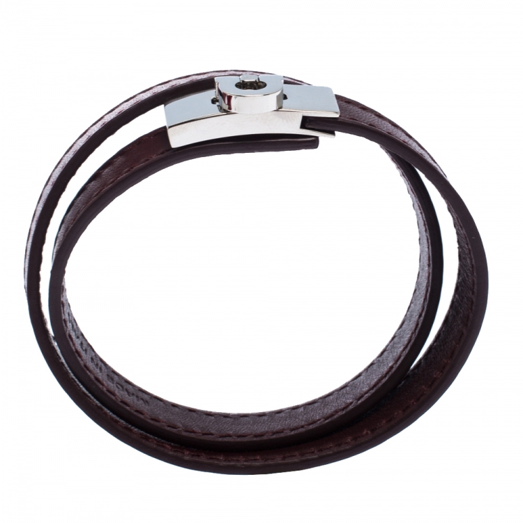 Pre Owned Salvatore Ferragamo Gancini Burgundy Leather Silver Tone Double Wrap Bracelet 