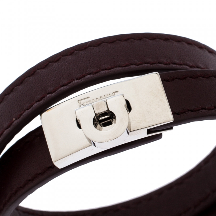 Pre Owned Salvatore Ferragamo Gancini Burgundy Leather Silver Tone Double Wrap Bracelet 
