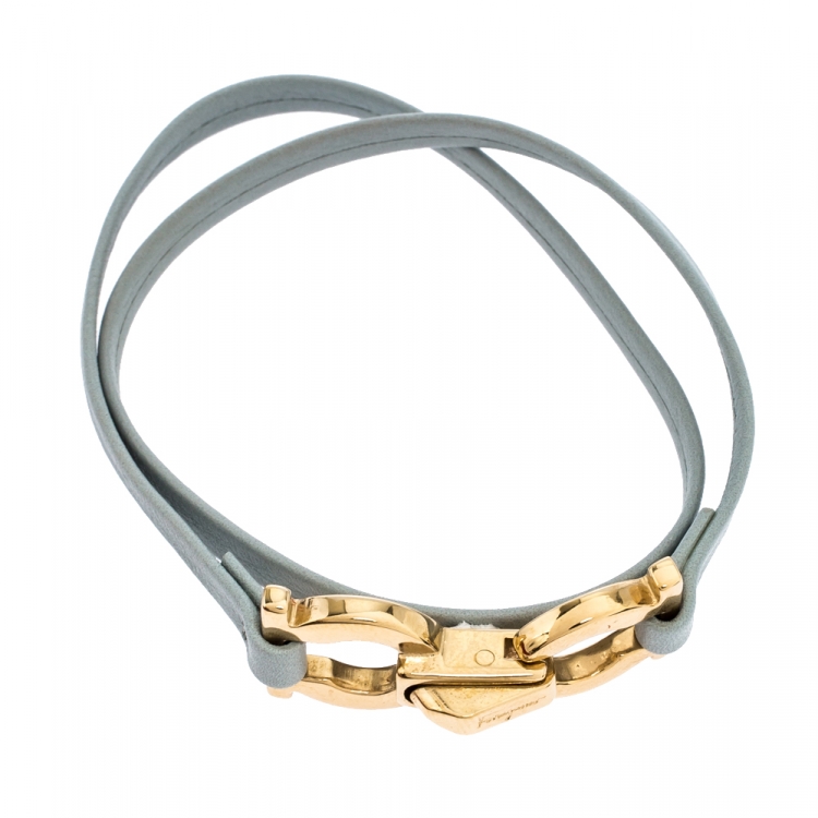 Pre Owned Salvatore Ferragamo Gancini Mint Blue Leather Double Wrap Slim Bracelet