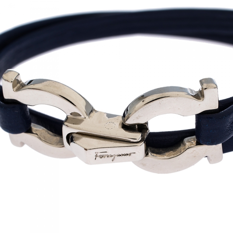 Pre Owned Salvatore Ferragamo Gancini Blue Leather Silver Tone Slim Wrap Bracelet