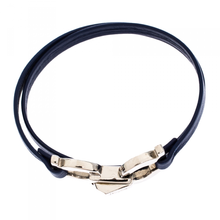 Pre Owned Salvatore Ferragamo Gancini Blue Leather Silver Tone Slim Wrap Bracelet