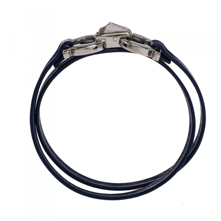 Pre Owned Salvatore Ferragamo Gancini Blue Leather Silver Tone Slim Wrap Bracelet