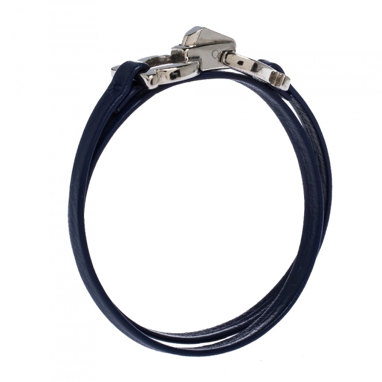 Pre Owned Salvatore Ferragamo Gancini Blue Leather Silver Tone Slim Wrap Bracelet
