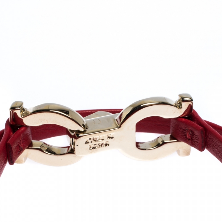 Pre Owned Salvatore Ferragamo Gancini Red Leather Gold Tone Double Wrap Slim Bracelet
