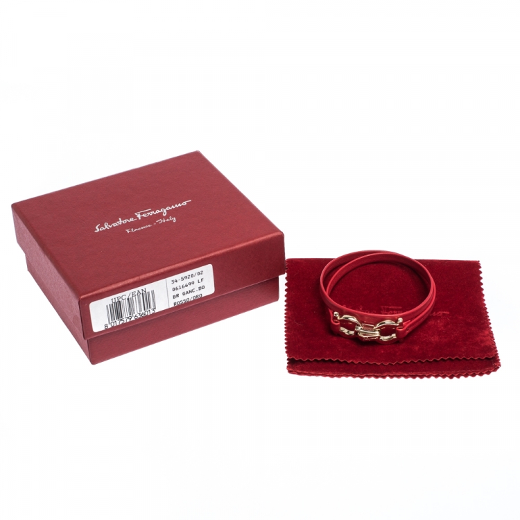 Pre Owned Salvatore Ferragamo Gancini Red Leather Gold Tone Double Wrap Slim Bracelet