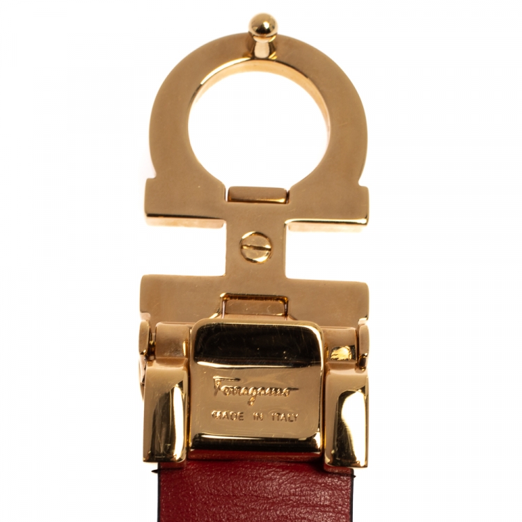 Pre Owned Salvatore Ferragamo Black/Red Leather Reversible Gancini Buckle Belt Size 85CM