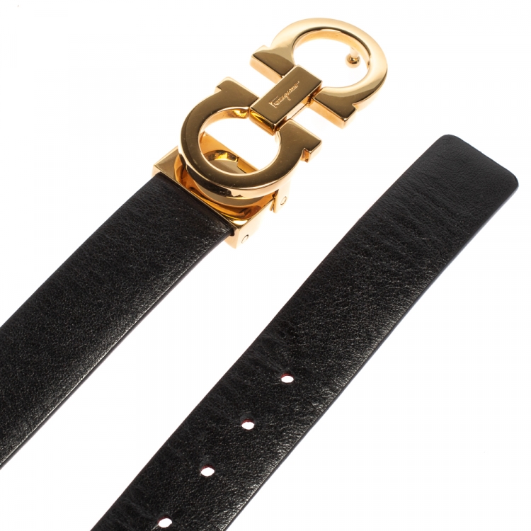 Pre Owned Salvatore Ferragamo Black/Red Leather Reversible Gancini Buckle Belt Size 85CM