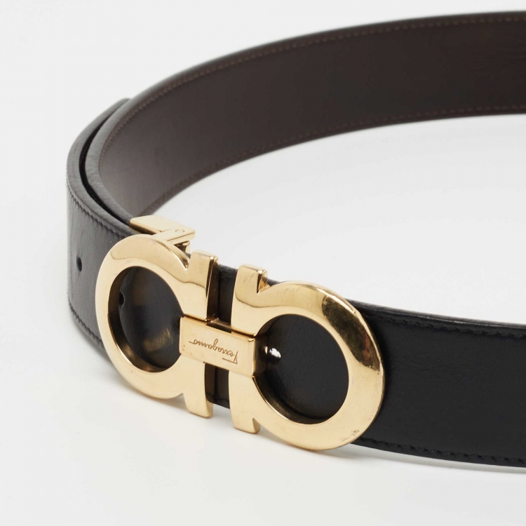 Pre Owned Salvatore Ferragamo Black/Brown Leather Reversible Gancini Buckle Belt Size 90CM