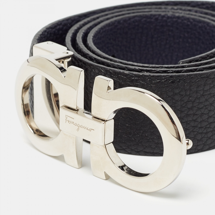Pre Owned Salvatore Ferragamo Navy Blue/Black Leather Gancini Cut to Size Belt