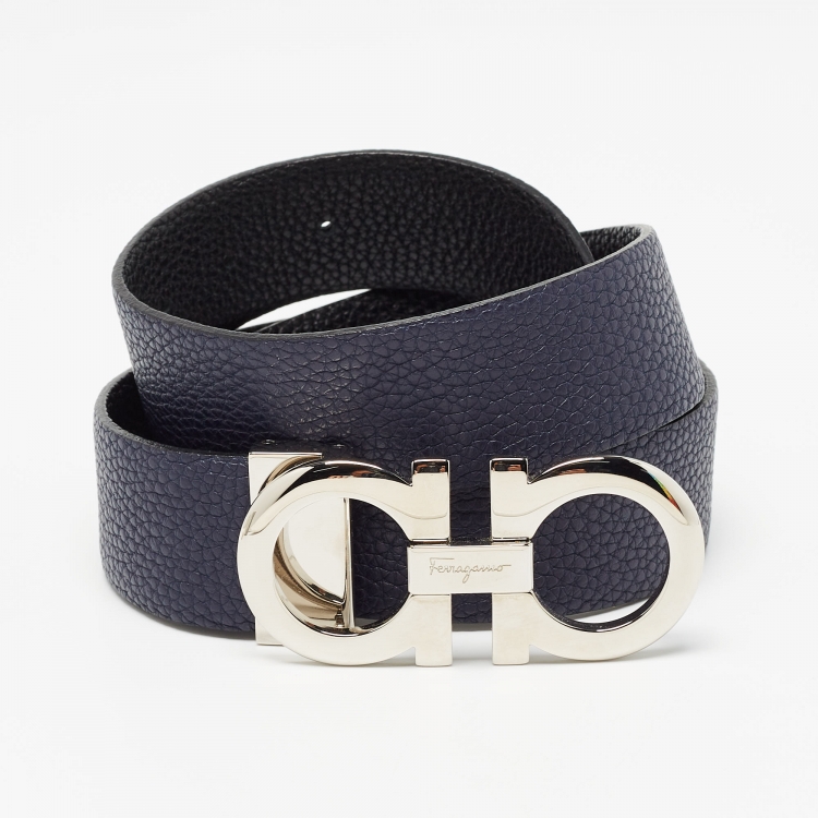 Pre Owned Salvatore Ferragamo Navy Blue/Black Leather Gancini Cut to Size Belt